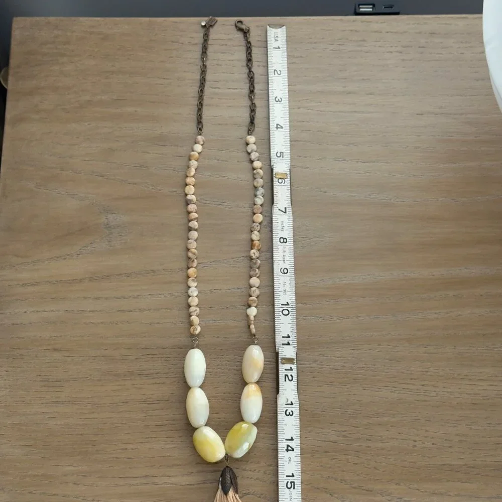 John Wind Beaded Necklace With Ombre Tassel Yellow Cream Stone Beads